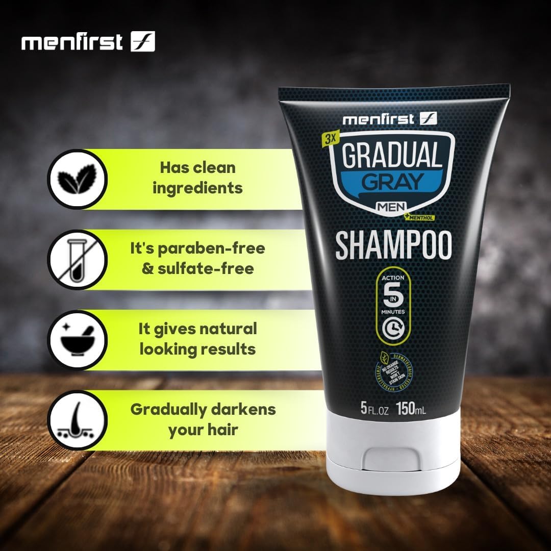Black MENFIRST Gray Reducing Shampoo for Men – Hair Darkening Shampoo, Anti Grey Hair Color Restoring Treatment, Harsh Chemical-Free - For Dark Brown to Black Shades – 5 oz
