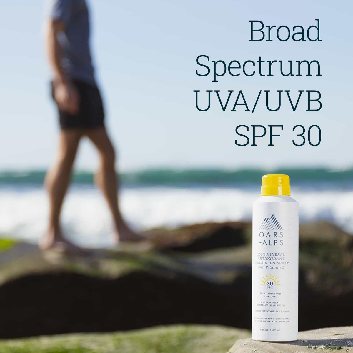 Light Gray Oars + Alps SPF 30 Mineral Body Sunscreen Spray, Blends Well, 1pk, 6oz