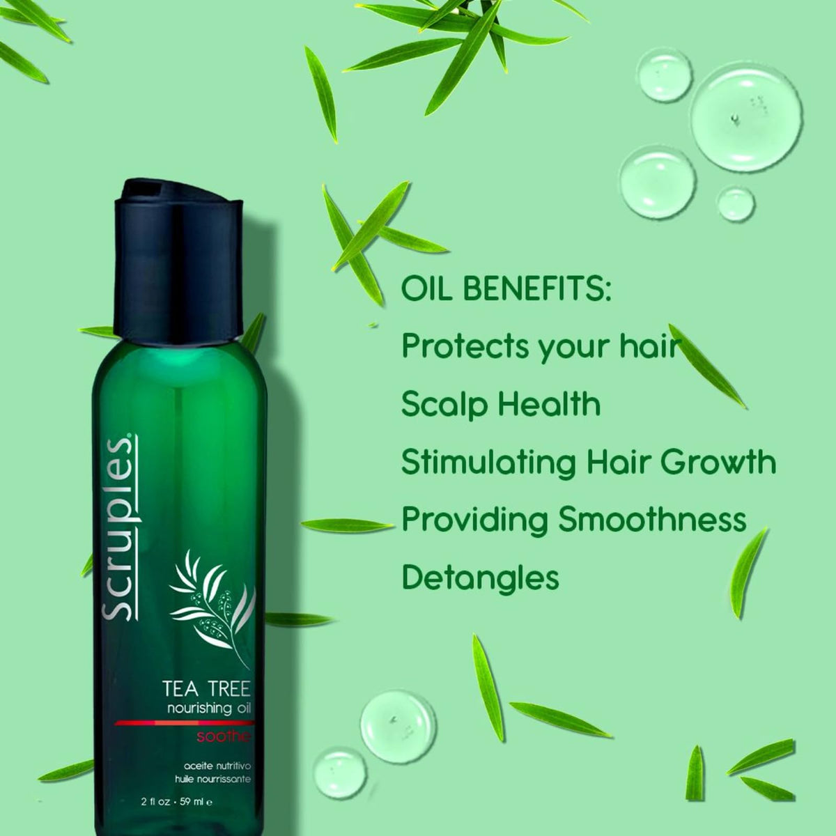 Pale Green Scruples Tea Tree Hair Oil - Nourishing Hair Moisturizer, Scalp Oil and Detangler - Hair Protectant Infused with Tea Tree Oil & Vitamin E - Stimulates Hair Growth (2oz)