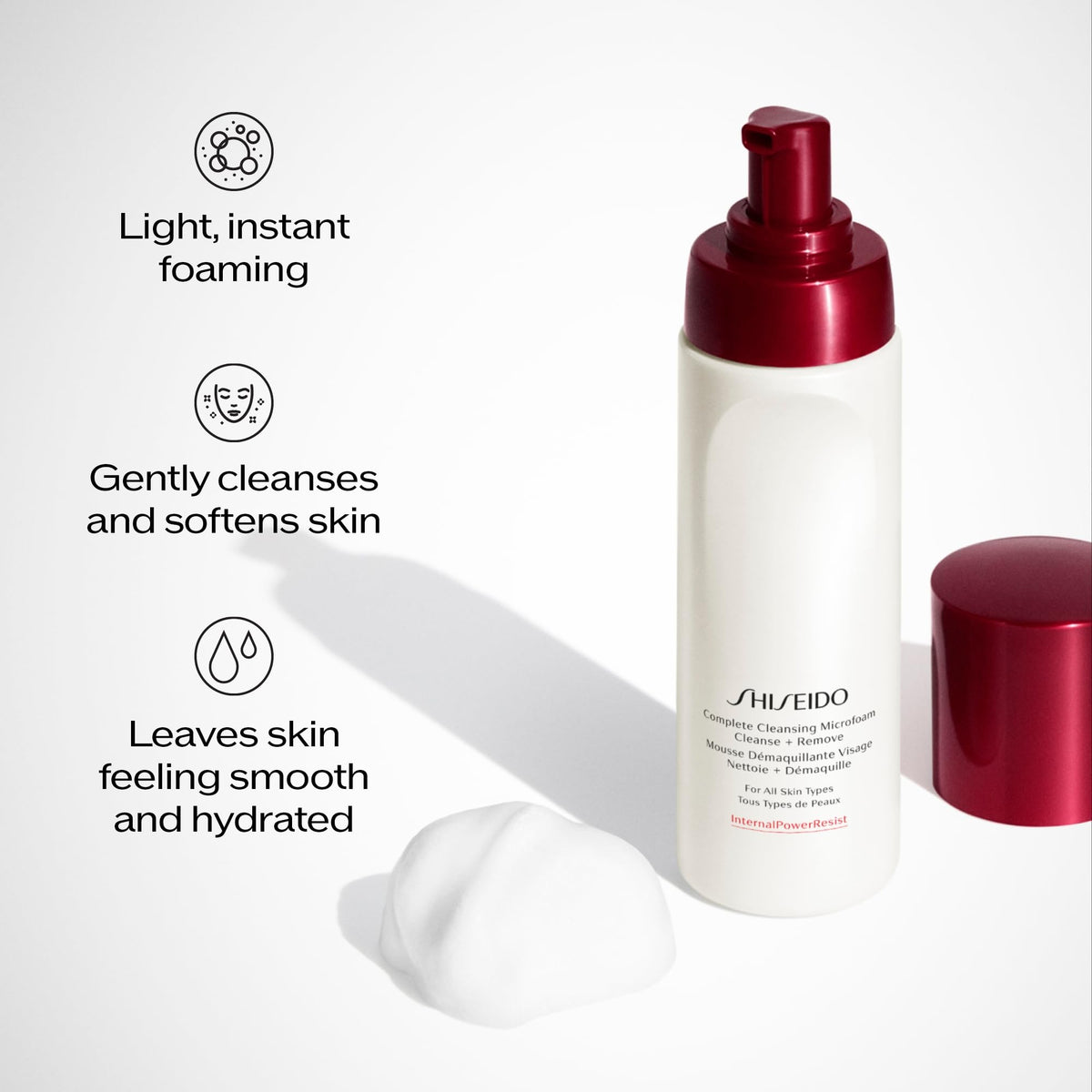 White Smoke Shiseido Complete Cleansing Microfoam - 180 mL - Light, Oil-Free Foaming Cleanser for Smooth, Hydrated Skin - Softens & Removes Impurities