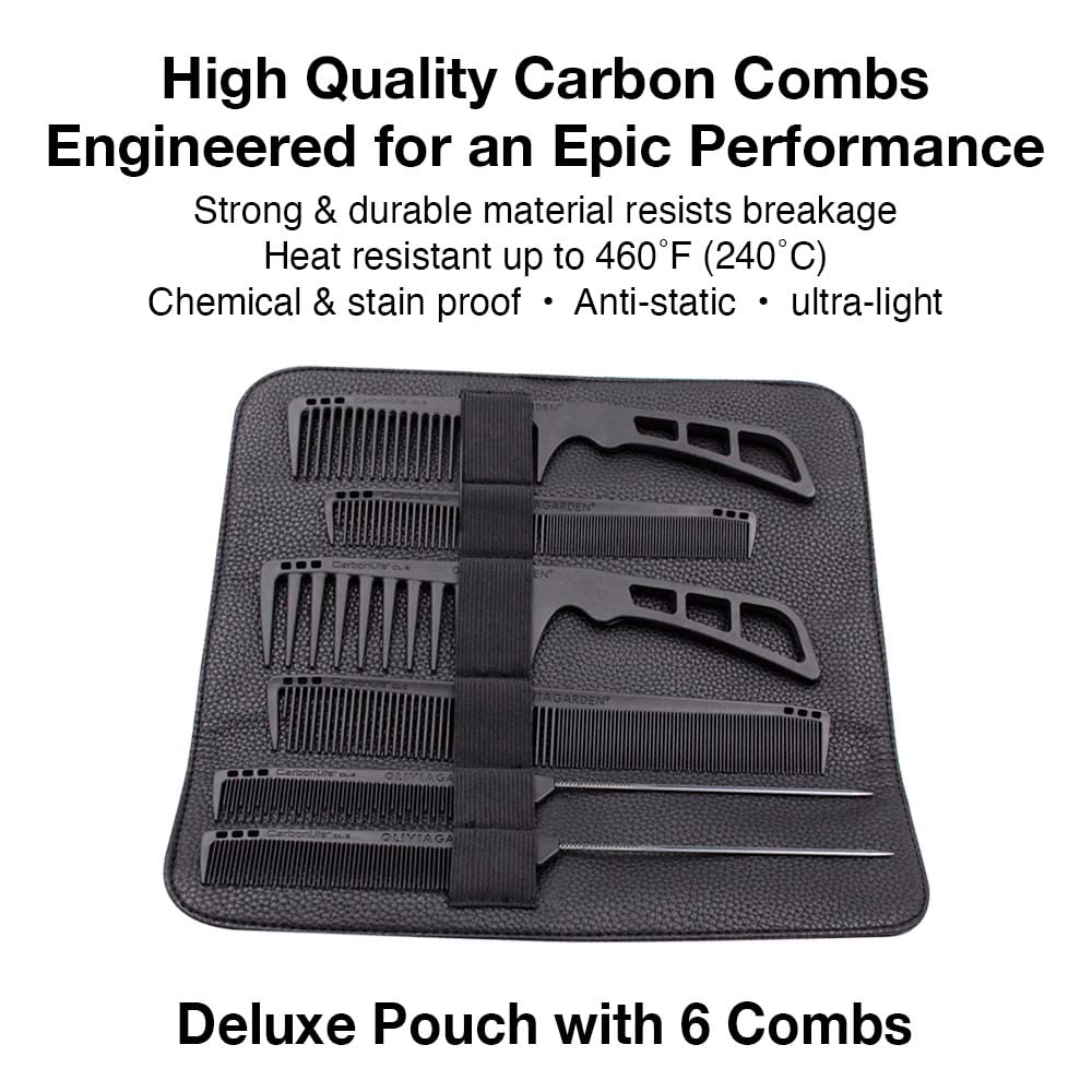 White Smoke Olivia Garden CarbonLite Carbon Combs for Women and Men - Professional Hairdresser and Barber Accessories - Heat Resistant Up to 460 Degrees, 6pc Kit - CL1 to CL