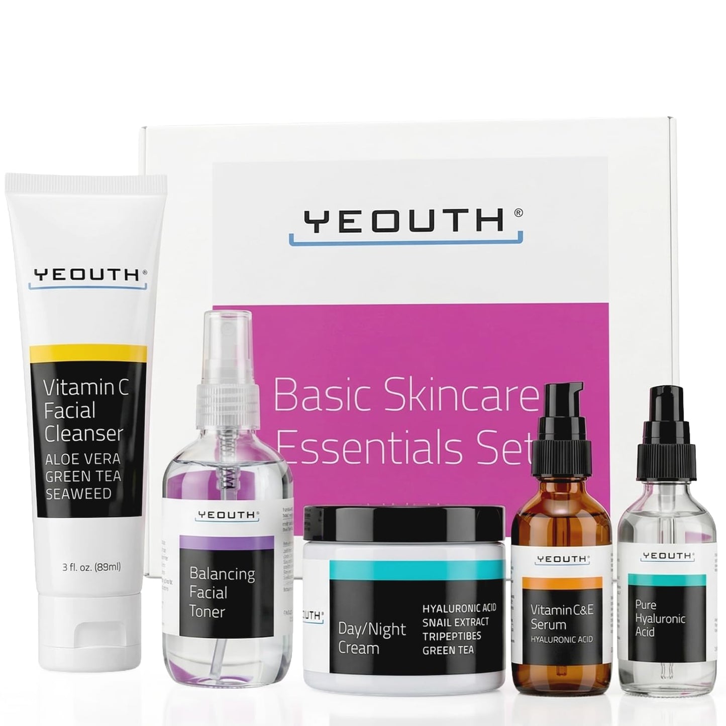 White Smoke YEOUTH Skin Care Set: Hyaluronic Acid Serum for Face | Vitamin C Facial Serum | Face Cleanser | Skincare Toner & Cream | Hydrating Skin Care Gift Set 5-Piece