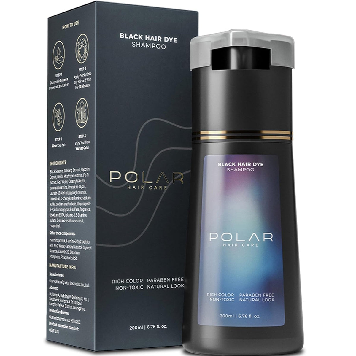 Dark Slate Gray Polar Hair Dye Shampoo for Gray Hair, Jet Black Color for Women & Men