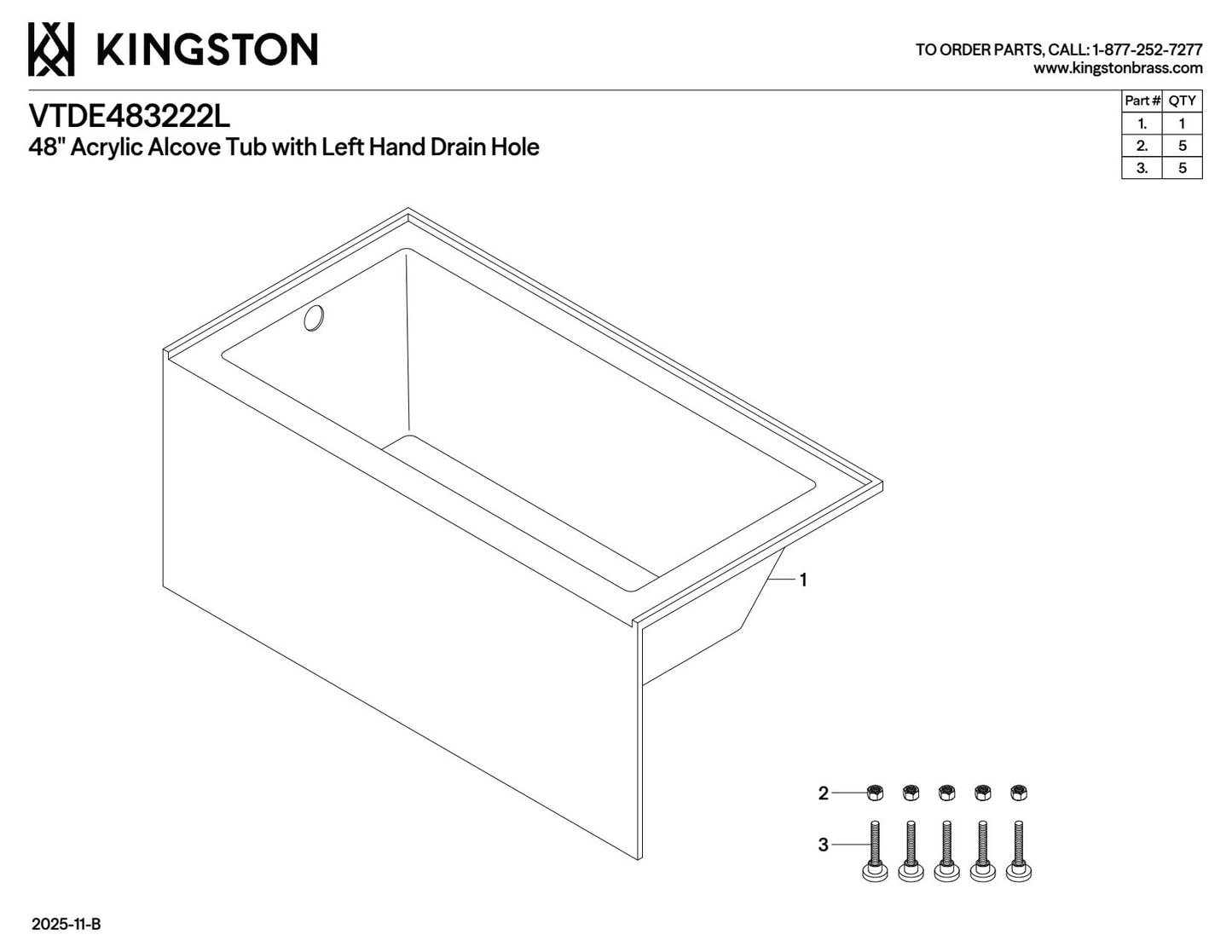 White Smoke Kingston Brass Aqua Eden VTDE483222L Ambry 48-Inch Acrylic Alcove Tub with Left Hand Drain Hole, White