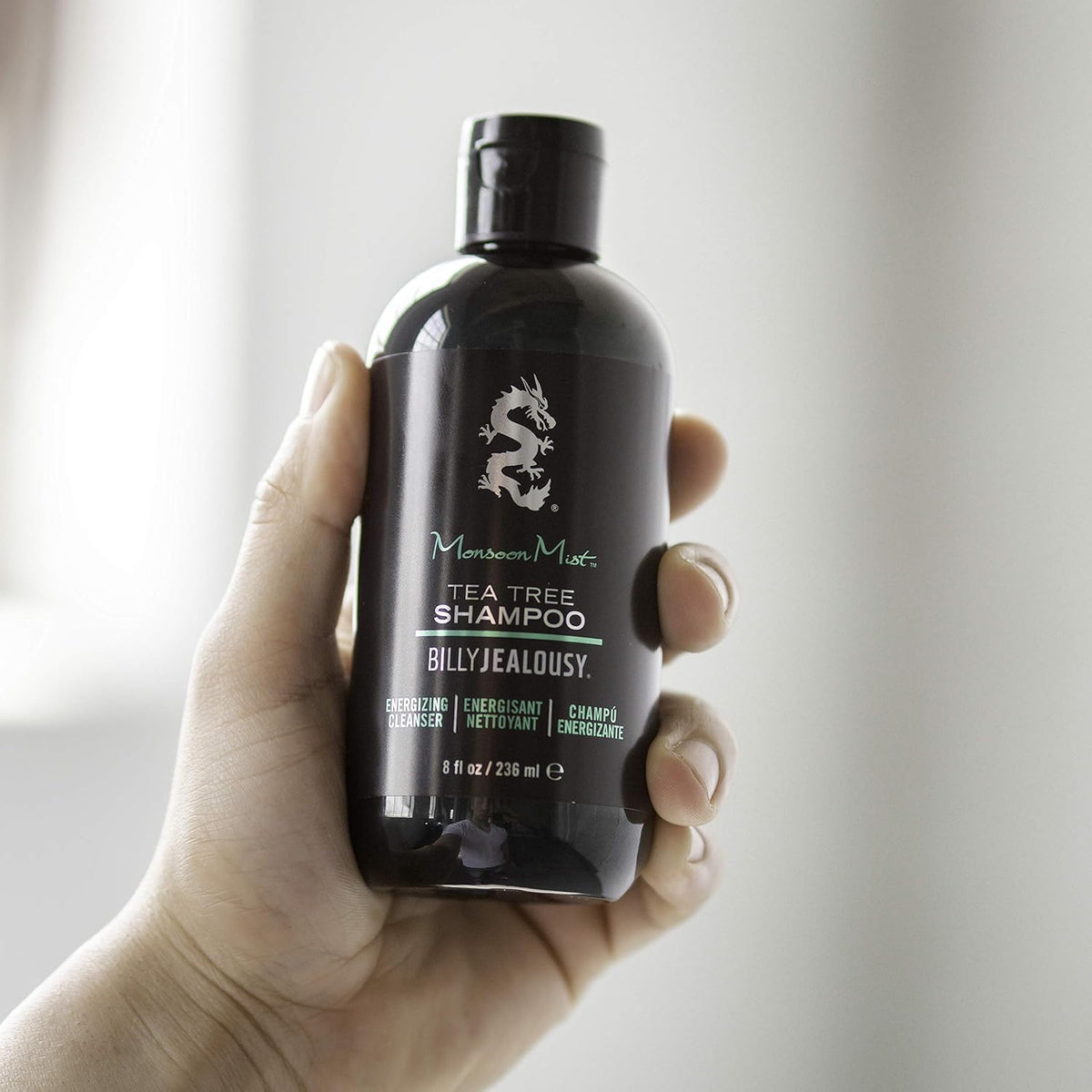 Light Gray Billy Jealousy Monsoon Mist Tea Tree Energizing Men's Shampoo with Peppermint & Rosemary, Removes Oil Build-up and Soothes Scalp Itch & Irritation, 8 Oz.