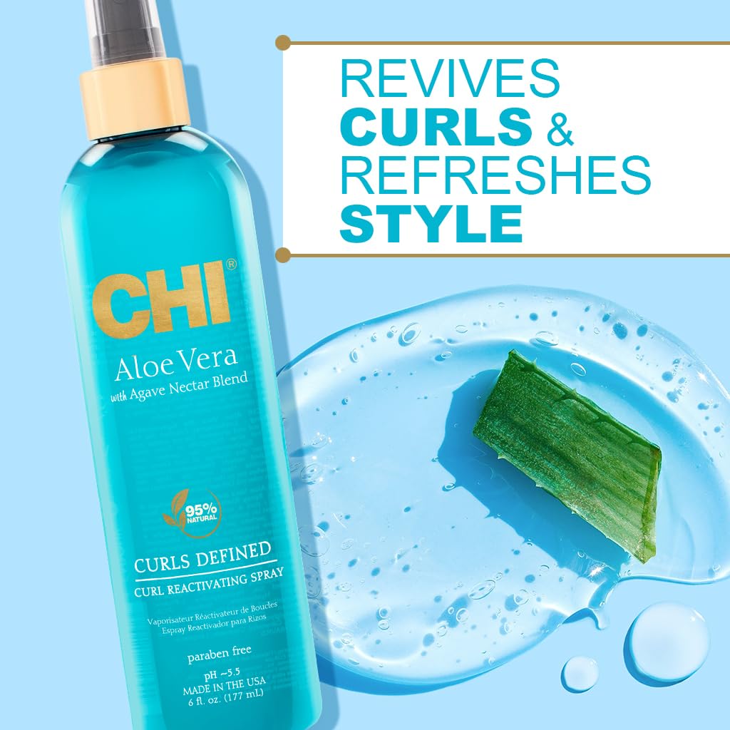 Pale Turquoise CHI Aloe Vera Curl Reactivating Spray, Enhances Waves, Curls, & Coils, Provides Intense Hydration, Sulfate, Paraben & Gluten Free, 6 Oz