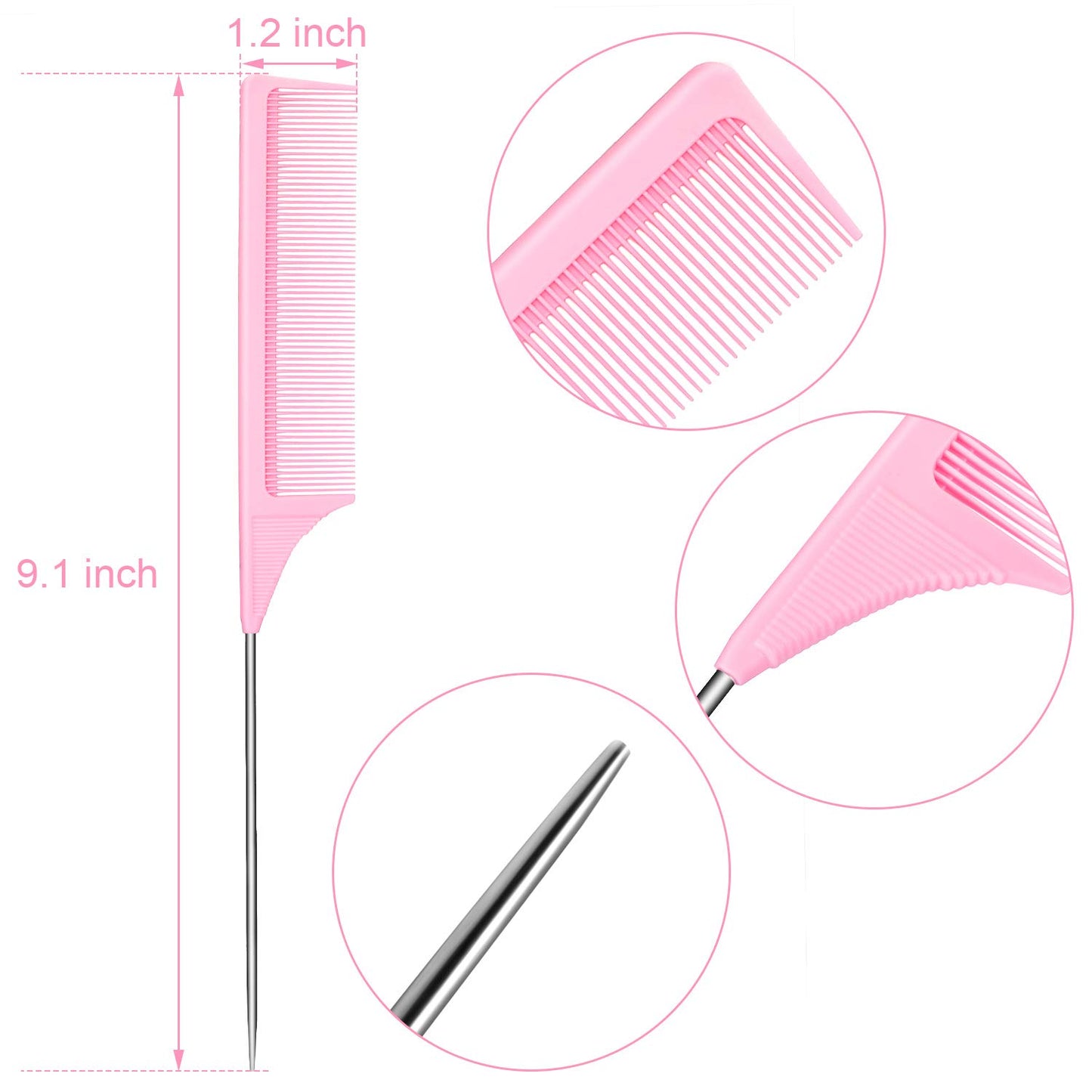 White Smoke 3 Packs 9 Inch Rat Tail Comb Carbon Fiber Heat Resistant Teasing Comb with Metal Pick Styling Parting Lightweight Sectioning Fine Tooth Combs for Women Girls