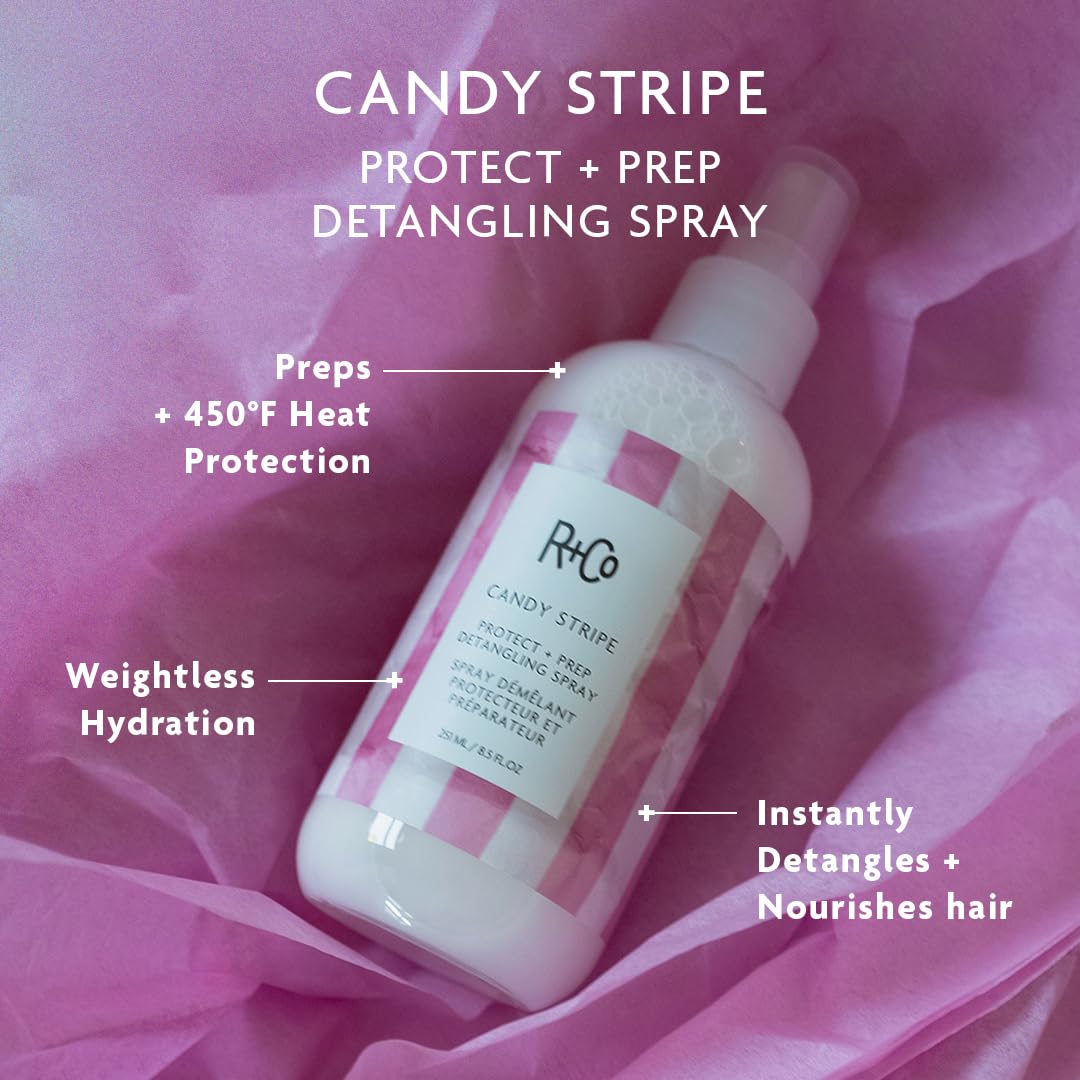 Dark Gray R+Co CANDY STRIPE Protect + Prep Detangling Spray, 8.5 oz/251 mL