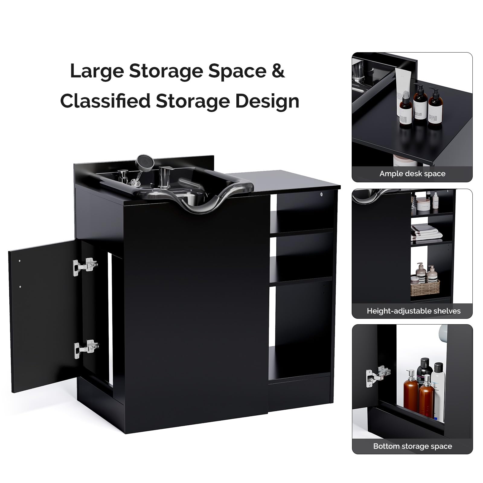 White Smoke OmySalon Shampoo Bowl with Cabinet, Portable Salon Hair Washing Station with Adjustable Shelf, UPC Certified Faucet, Freestanding Backwash Sink for Barber, Beauty Salon, Spa