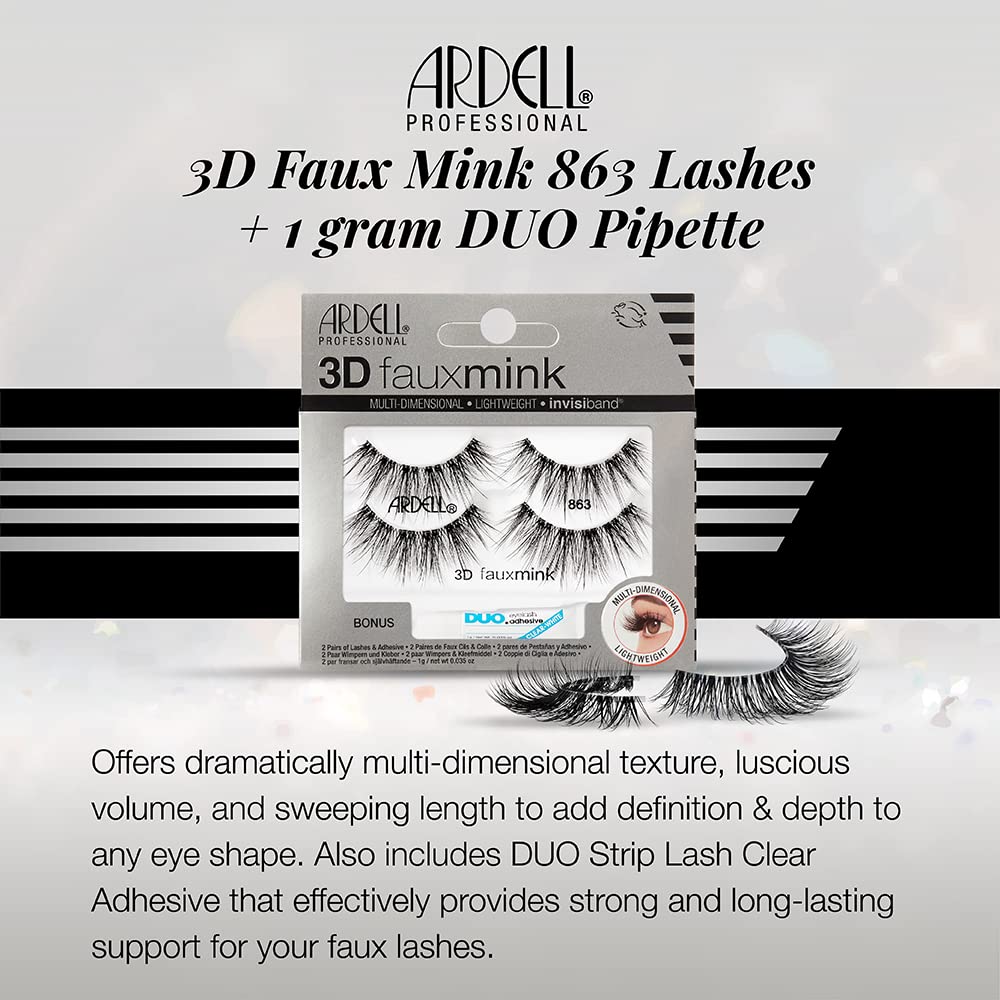 Light Gray Ardell 3D Faux Mink Lashes 863 with Duo Lash Adhesive Pipette, 1g - Long-Lasting, Natural Look False Eyelashes, 1 Pack