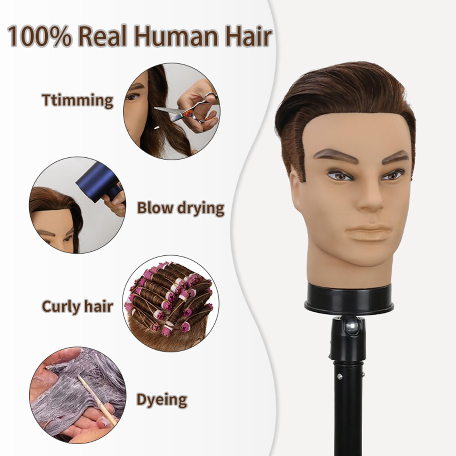 White Smoke 12" Barber Mannequin Head Male 100% Real Hair Mannequin Head with Human Hair Styling Practice Doll Head for Practicing Haircut & Hairdresser Manikin Doll Head With Free Clamp Stand(Without beard4#)