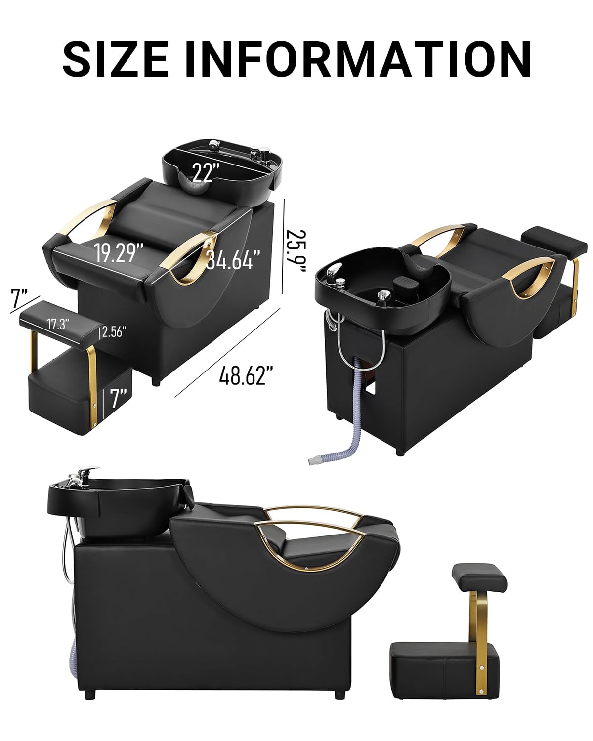 White Smoke IJIALIFE Shampoo Bowl and Chair Set for Salon – Backwash Barber Sink Station with Footstool & Gold Armrests – Heavy Duty 450lbs Hair Washing Chair with Deep Basin & Neck Rest for Spa Beauty Stylist