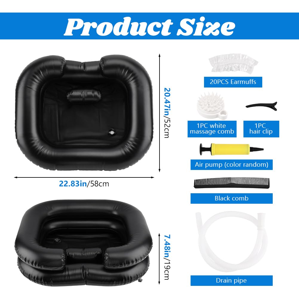 White Smoke Inflatable Shampoo Basin, Portable Wash Hair in Bed with Inflatable Shampoo Bowl Include Massage Comb1*Pump 20*Ear Muffs for Bedridden Disabled Injured Elderly(Color:Black)