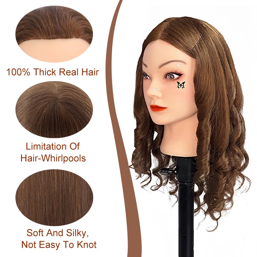 White Smoke Opini Mannequin Head with 100% Real Human Hair Cosmetology Mannequin Head to Practice Hairstyles Doll Head Training Head for Hairdresser (Brown)