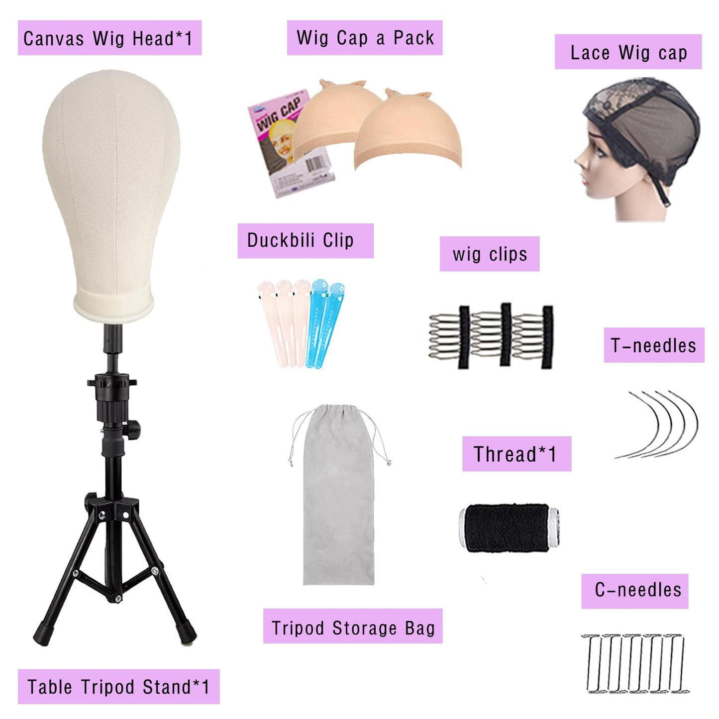 White Smoke LUNGCYX 23Inch Wig Stand Tripod,Canvas Wig Head Stand Mannequin Head Foldable Wig Stand Set for Making Display with Table Clamp,Wig Cap & T Pins