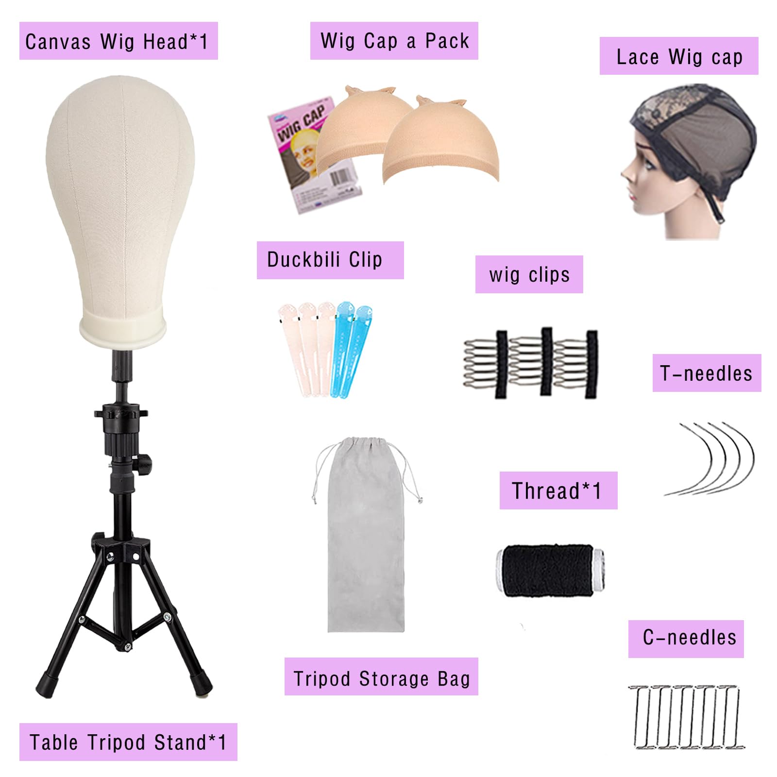 White Smoke LUNGCYX 23Inch Wig Stand Tripod,Canvas Wig Head Stand Mannequin Head Foldable Wig Stand Set for Making Display with Table Clamp,Wig Cap & T Pins
