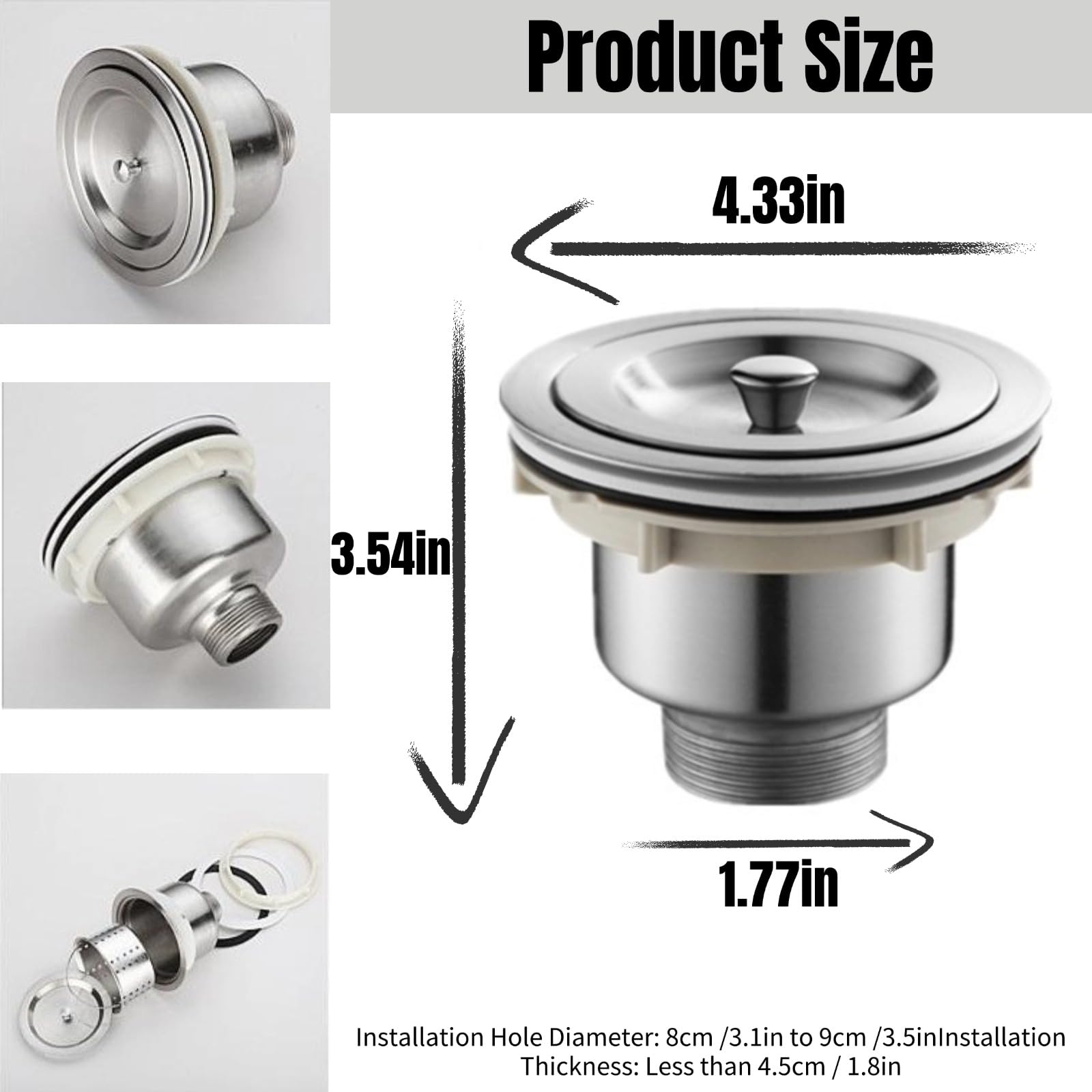 White Smoke Drain Plug Basket Strainer Stainless Steel Sink Plug Kit, Hair Salon Shampoo Basin Drain Plug kit, Fast Drainage Sink Plug with Hair Catcher Accessories for Shampoo Bed, kitchen, Sturdy and Durable
