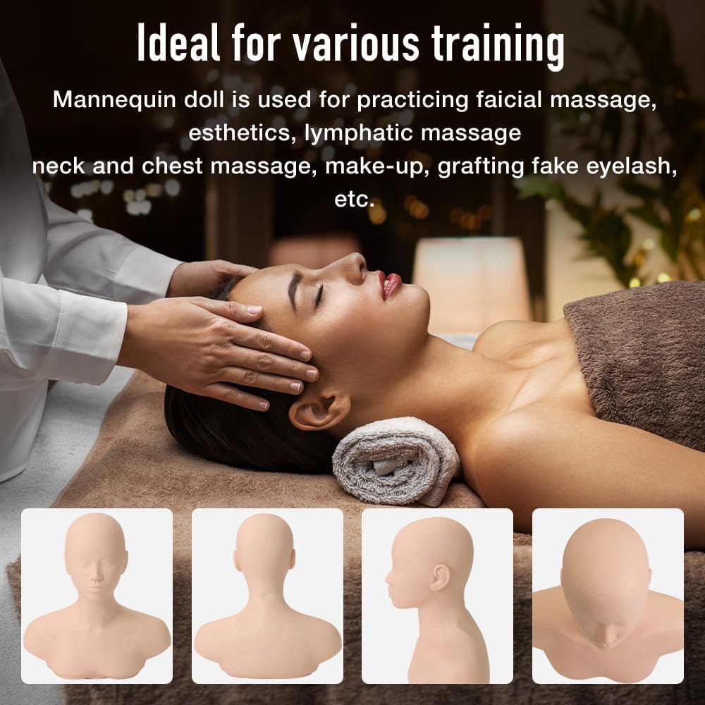 Black Japard Mannequin Head for Facial Practice, Massage, Esthetics Doll with Acupressure Point, Soft PVC Silicone Head with Shoulder