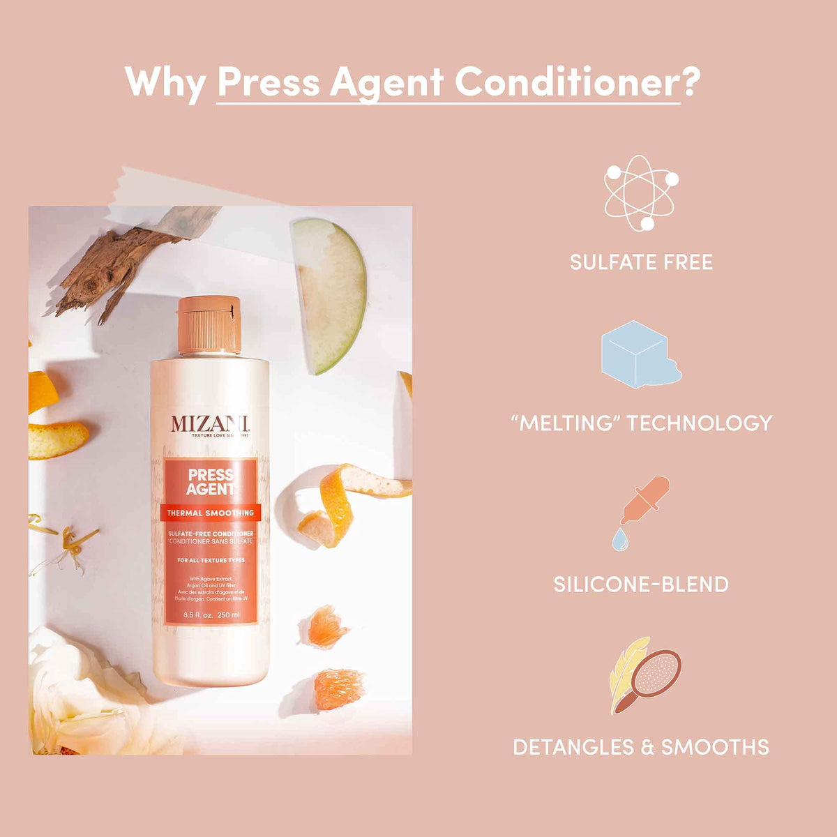 Light Pink Mizani Press Agent Conditioner – For Dry & Frizzy Hair, 33.8 fl oz