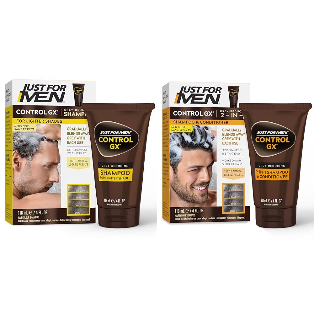 White Smoke Just for Men Control GX Grey Reducing Shampoo for Lighter Shades of Hair, Blonde to Medium Brown, Gradual Hair Color, 4 Fl Oz