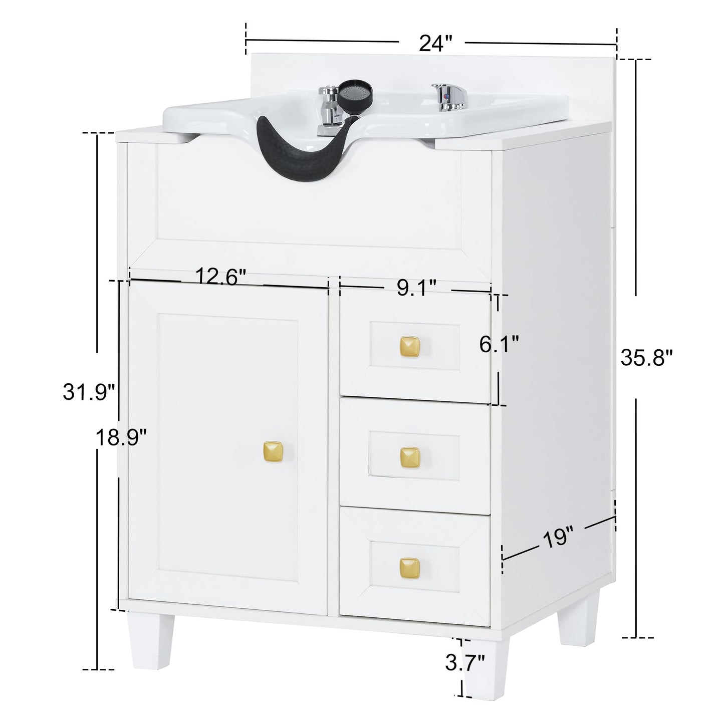 White Smoke BarberPub Barber Storage Shampoo Station, Spa Textured Embossed Cabinet with Shampoo Bowl & Drawers, Hair Salon Sink Backwash Equipment 7131 (All White)