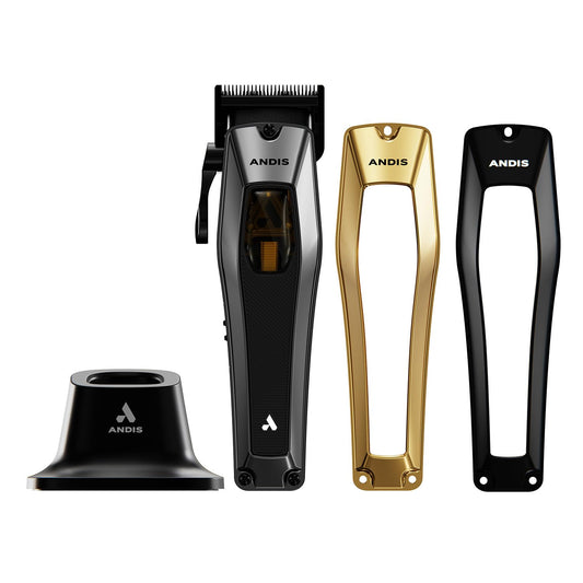 White Smoke Andis 562446 Recon Professional Barber Vector Motor Hair Clipper, Adjustable-Fixed Phaze Blade, Includes OG Comb Set, Lithium Ion 4-Hour Run Time, Interchangeable Covers, Black/Gold