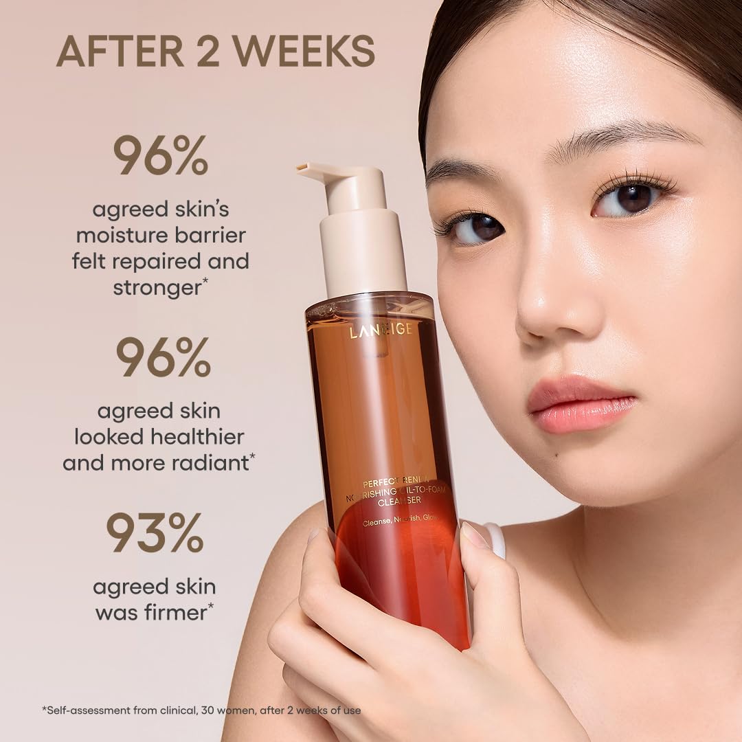 Light Gray LANEIGE Perfect Renew Nourishing Oil-to-Foam Cleanser: 2-in-1 Anti-Aging Face Wash for a Radiant Glow to Remove Makeup, Sunscreen, & Impurities
