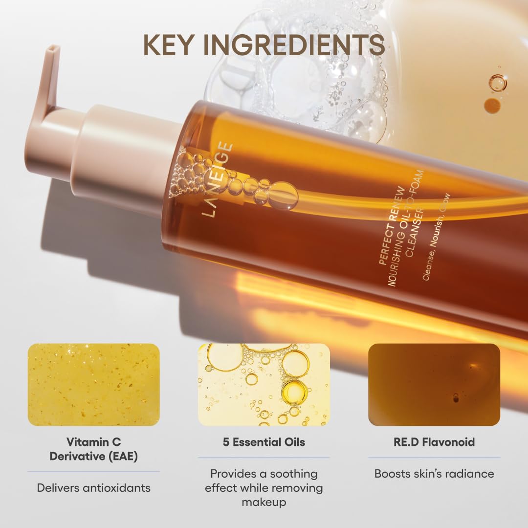 Lavender LANEIGE Perfect Renew Nourishing Oil-to-Foam Cleanser: 2-in-1 Anti-Aging Face Wash for a Radiant Glow to Remove Makeup, Sunscreen, & Impurities