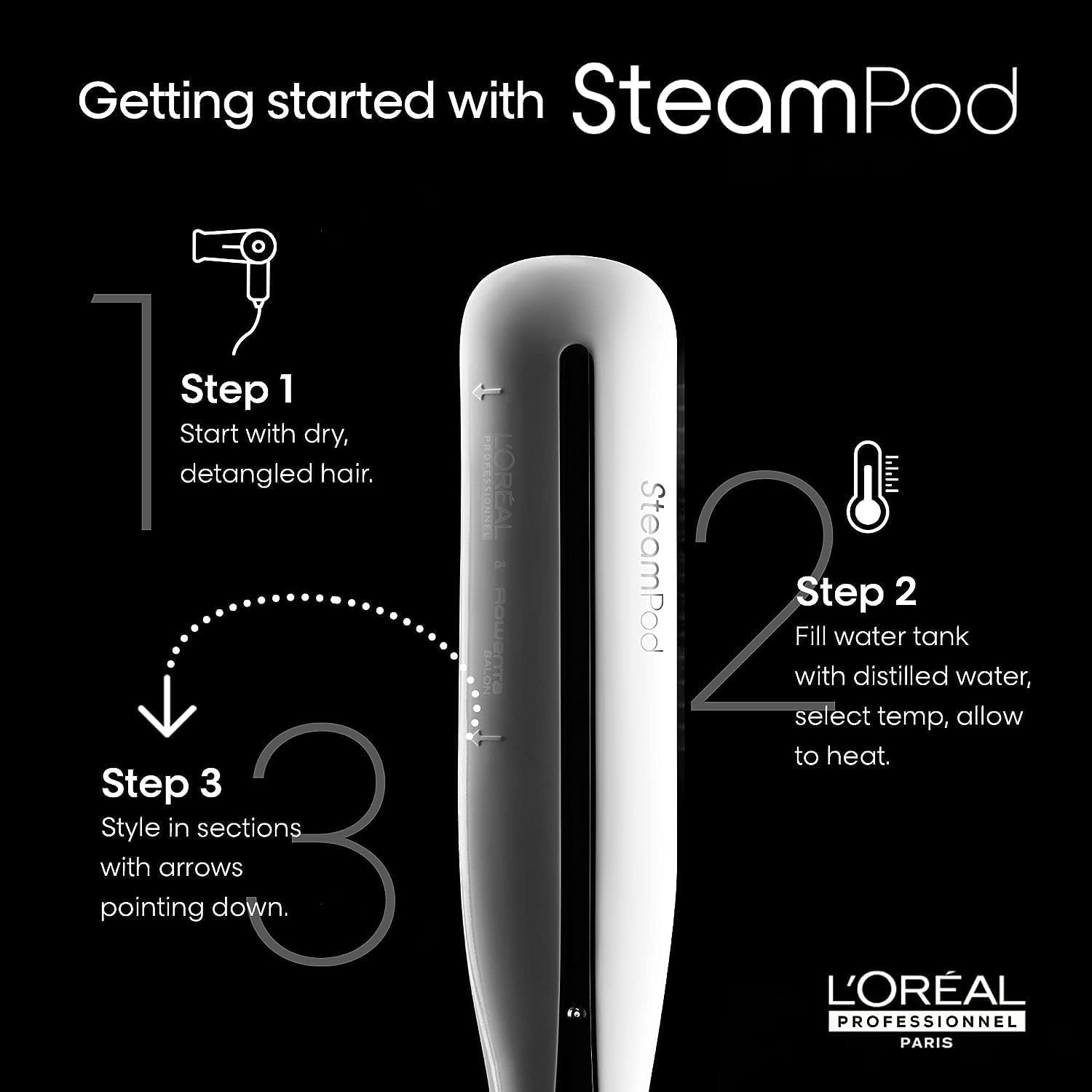 Black L'Oréal Professionnel Paris Steampod Hair Straightener & Styling Tool - Professional Steam Styler For All Hair Types & Textures, 24 Hour Frizz Control, Smooths & Adds Shine