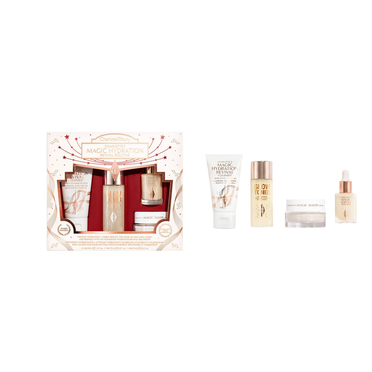 White Smoke Charlotte Tilbury Magic Hydration Revival Routine, 3-Piece Skincare Gift Set with Cleanser, Toner & Face Serum