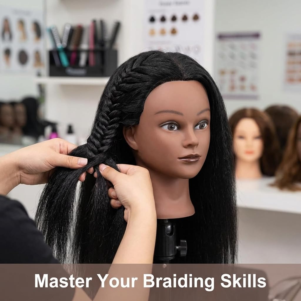 Black 16 Inch 100% Real Hair Mannequin Head Training Head Manikin Cosmetology Doll Head for Hairdresser Practice Braiding Hair Styling with Clamp stand (16 -Inch)
