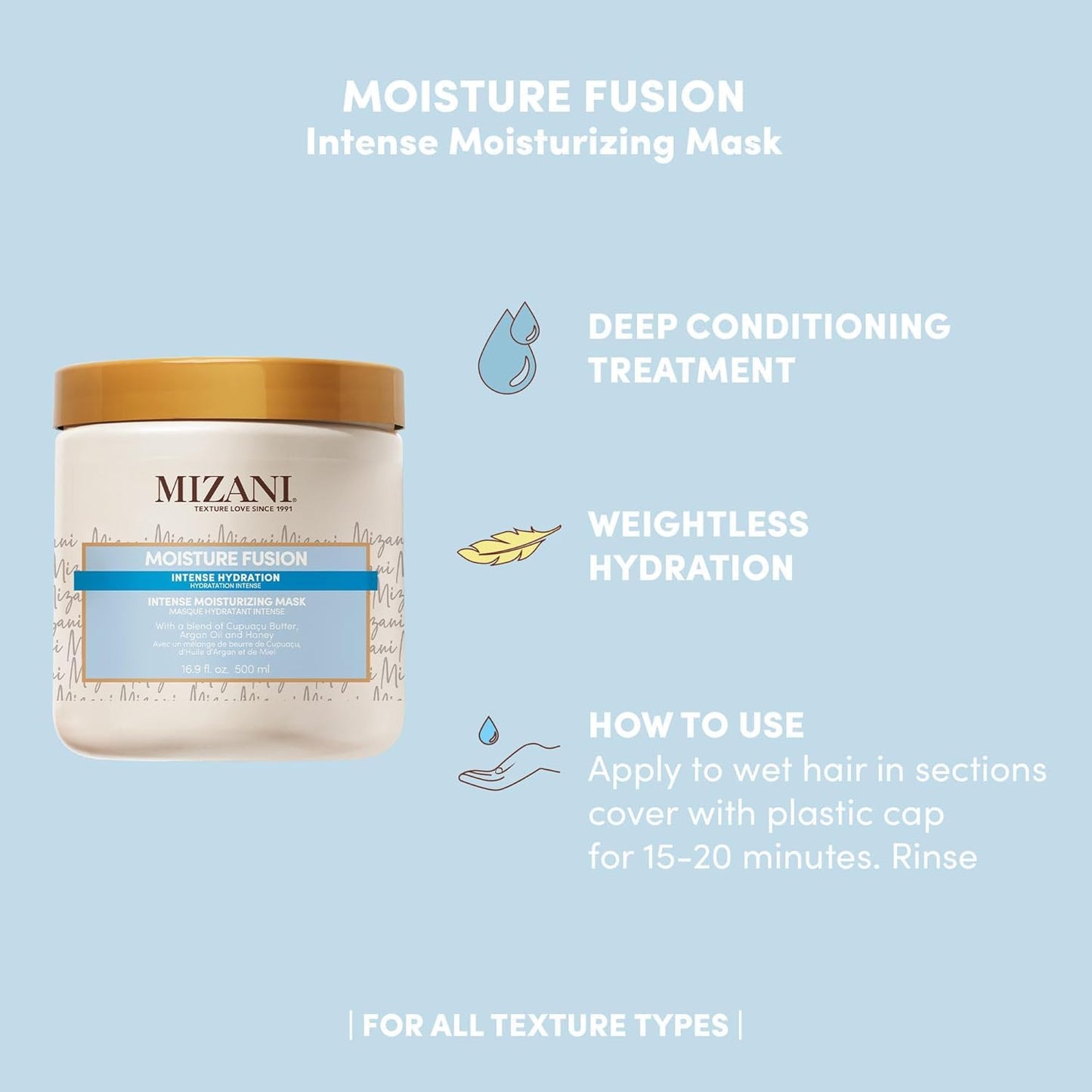 Light Gray Mizani Moisture Fusion Intense Moisturizing Mask - Hydrating Hair Mask for Dry and Curly Hair, Deep Conditioning Treatment with Argan Oil, Sulfate-Free