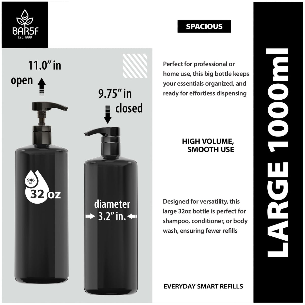 White Smoke Bar5F 1-Liter Pump Bottles, Black, 3-Pack