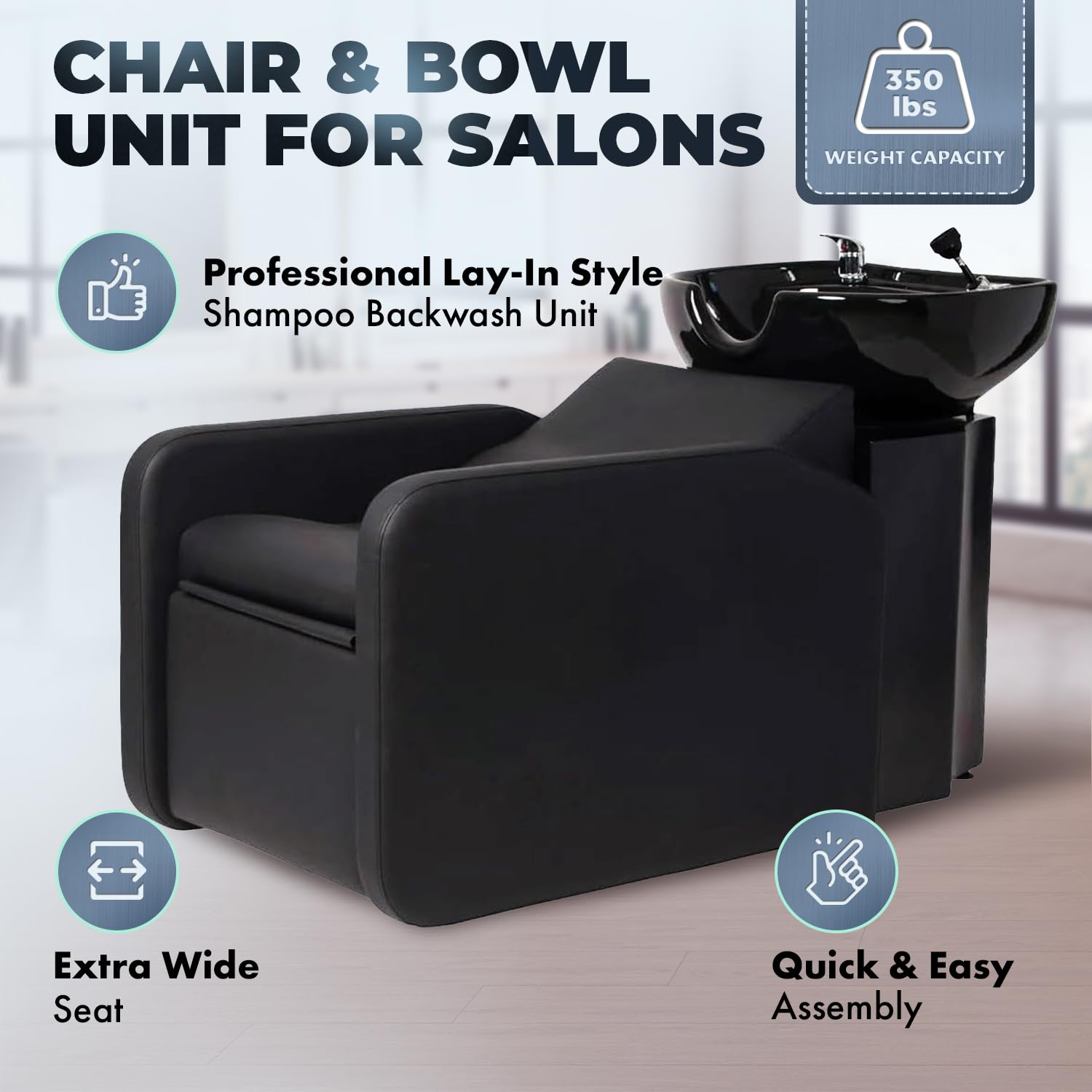 Black Buy-Rite Eclipse Lay-In Shampoo Backwash Unit for Salons & Barbershops - Porcelain Bowl with Hardware, Extra-Wide Reclining Seat, Kick-Out Leg Rest, Built-In Headrest & Lumbar Support, TS-8088-BLK