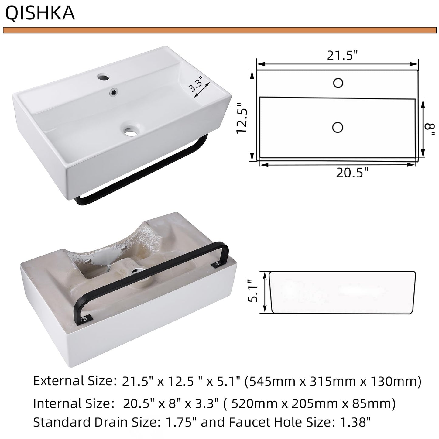 White Smoke Wall Mount Rectangular Vessel Sink with Towel Rack, QISHKA 21.5"x12.5" Modern Ceramic Bathroom Floating Sink, White Rectangle Vanity Sink with Overflow, Wall Hung Wash Hand Basin