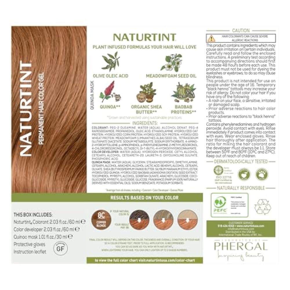 Light Gray Naturtint 8C Copper Blonde Permanent Hair Color (Pack of 1), Ammonia Free, Vegan, Cruelty Free, up to 100% Gray Coverage, Long Lasting Results (Packaging may vary)