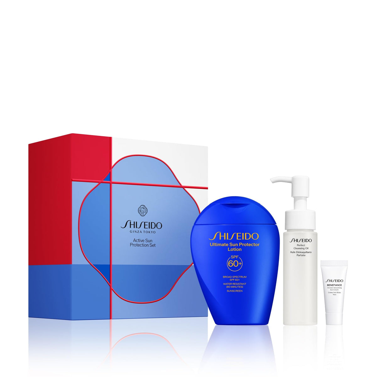 White Smoke Shiseido Active Sun Protection Set - Benefiance Wrinkle Smoothing Eye Cream (5mL), Ultimate Sun Protector Lotion SPF 60+ (150mL) & Perfect Cleansing Oil (40mL) - $83 Value