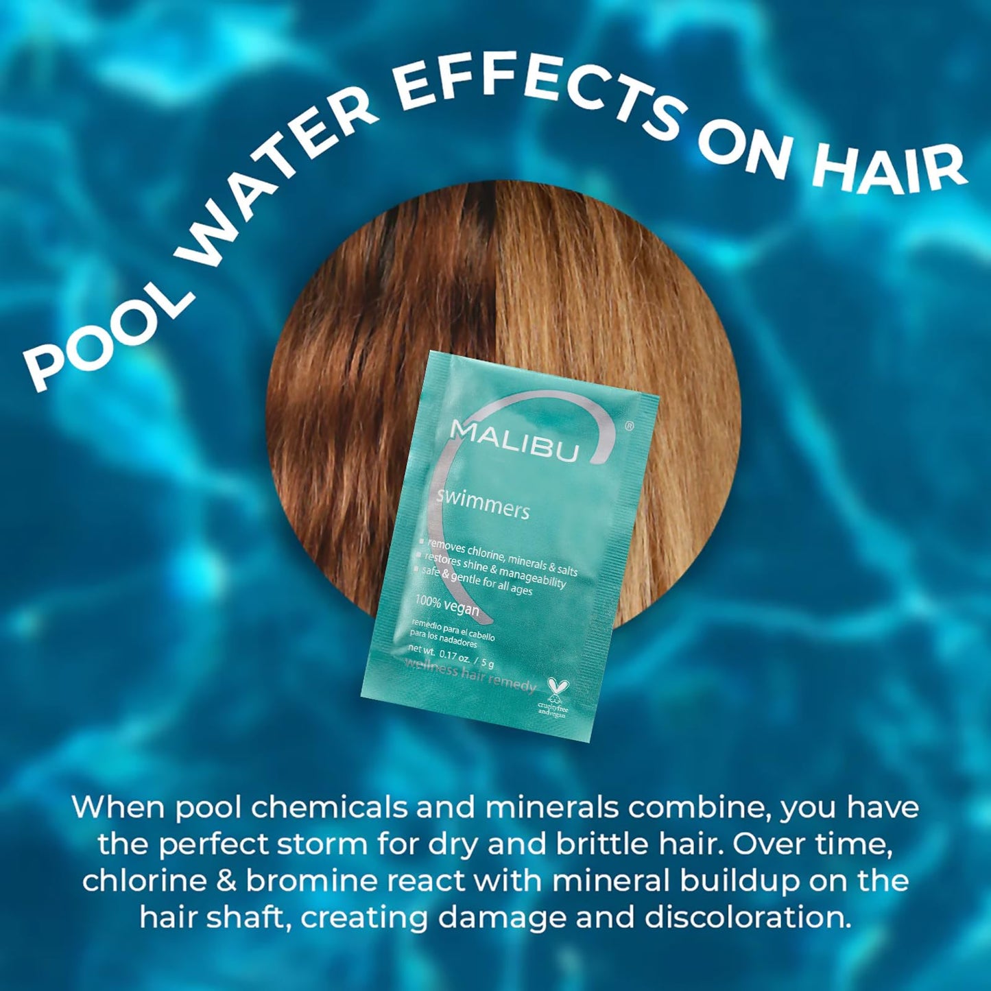 Dark Cyan Malibu C Swimmers Wellness Remedy & After Pool Hair Care - Restoring & Hydrating Swim Treatment with Vitamin C Complex - Protects Against Discoloration from Chlorine, Salt Water & Build Up (3 Packets)