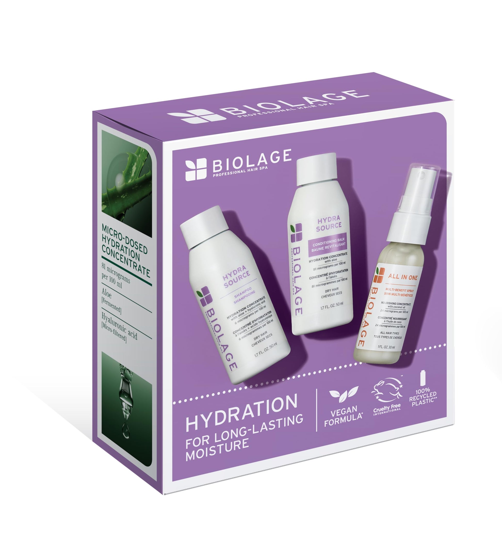White Smoke Biolage Hydra Source Travel Size Trio Kit - With Mini Hydra Source Shampoo, Conditioning Balm, & All-In-One Spray, For Dry Hair, Deeply Moisturizes, Detangles & Adds Shine, 3 Piece Mini Set