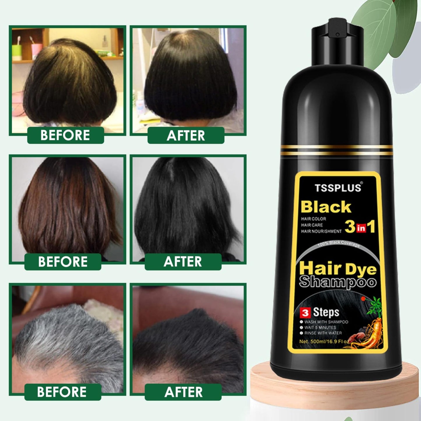 Black TSSPLUS Black Hair Dye Shampoo, 500ml - Organic Natural Hair Color Dye Shampoo for Women & Men, Instant Gray White Hair Cover, Plant Essence, Semi-Permanent