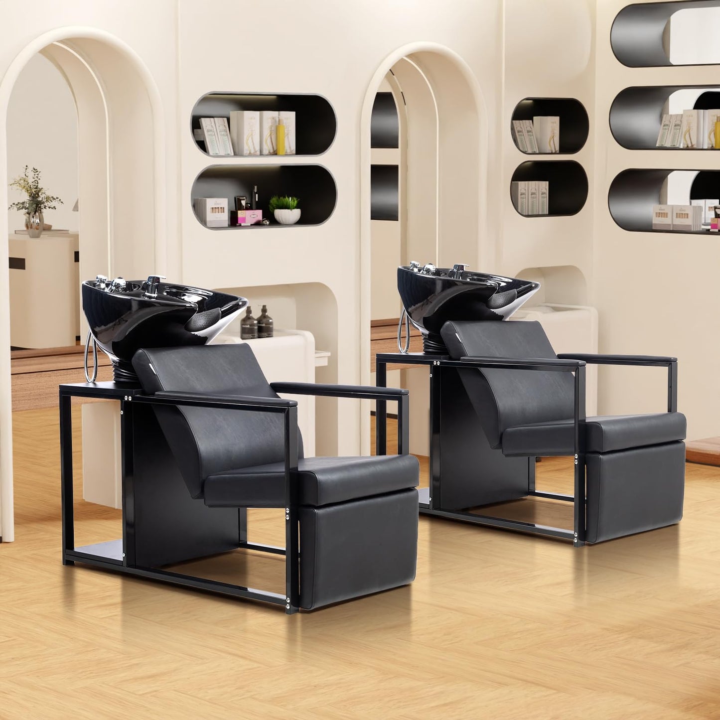 Gray OmySalon Shampoo Bowls for Salon, Hair Washing Station w/Porcelain Sink & Storage Shelf, Backwash Barber Chair Shampoo Unit for Beauty Spa Barbershop