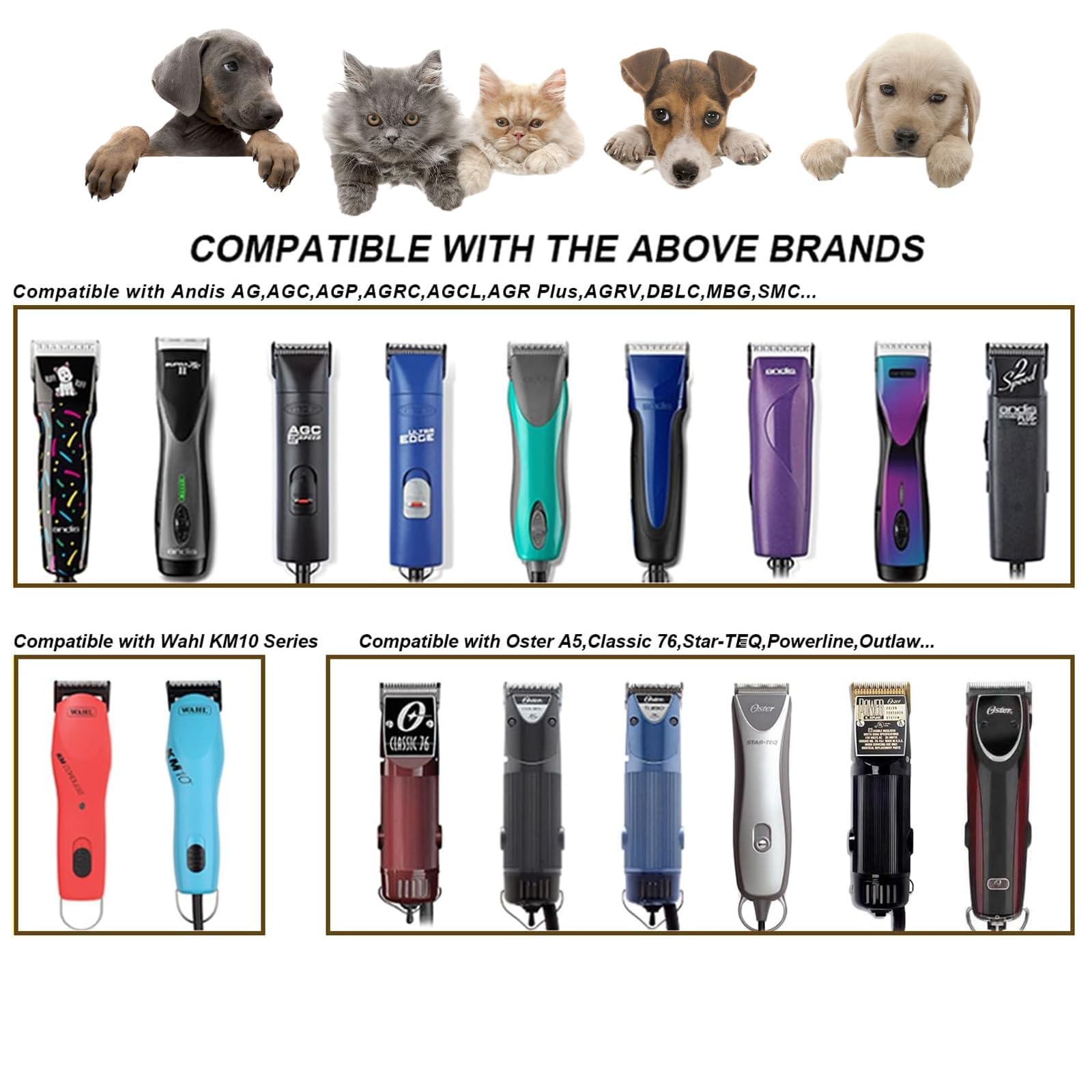 White Smoke Audoc 6pcs Dog Grooming Replacement Blades Compatible with Andis/Oster A5/Wahl KM-10 Series Dog Clippers,Detachable Clipper Replacement Blade,Black (6PCS Black-#10+30+3FC+4FC+5FC+7FC)