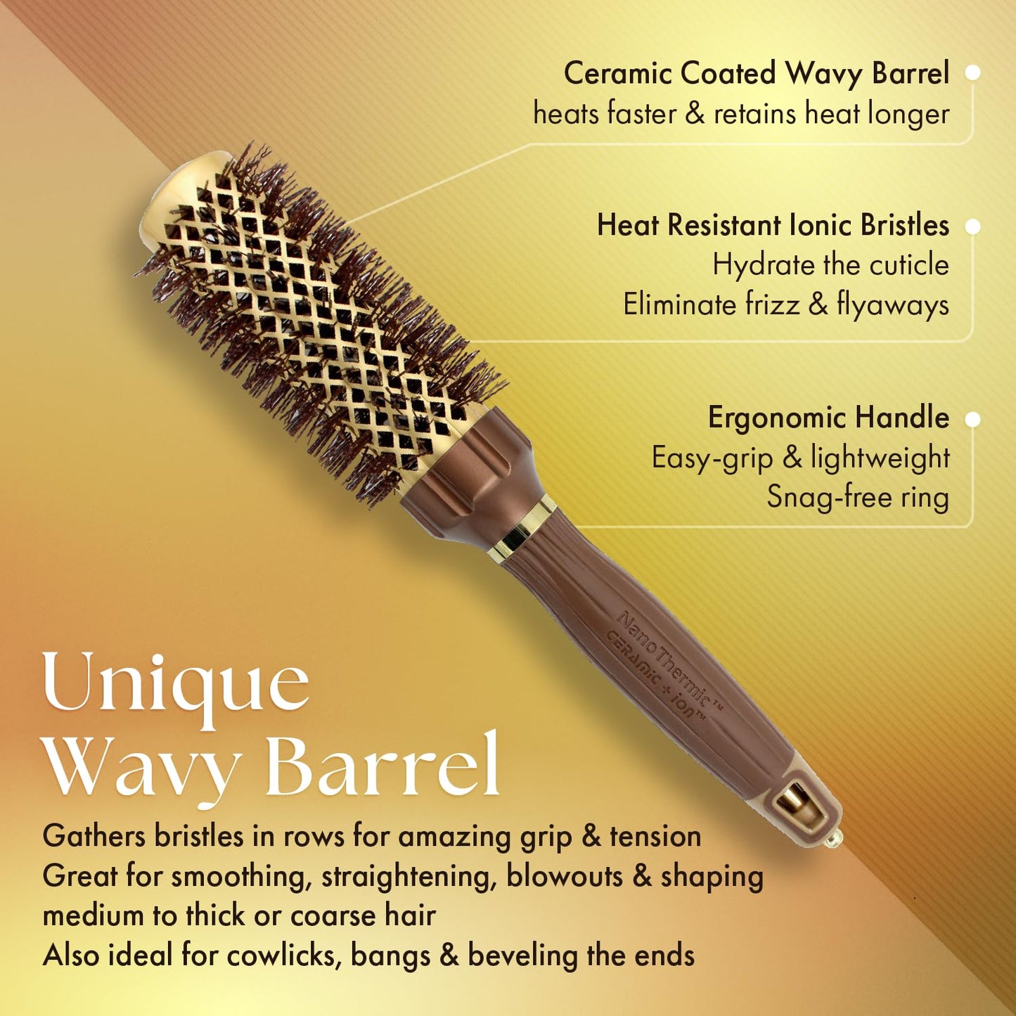 Sandy Brown Olivia Garden NanoThermic PowerGrip Thermal Round Hair Brush - Not Electrical - Ceramic Blowout Brush for Medium to Thick Hair, 1 1/4 inch