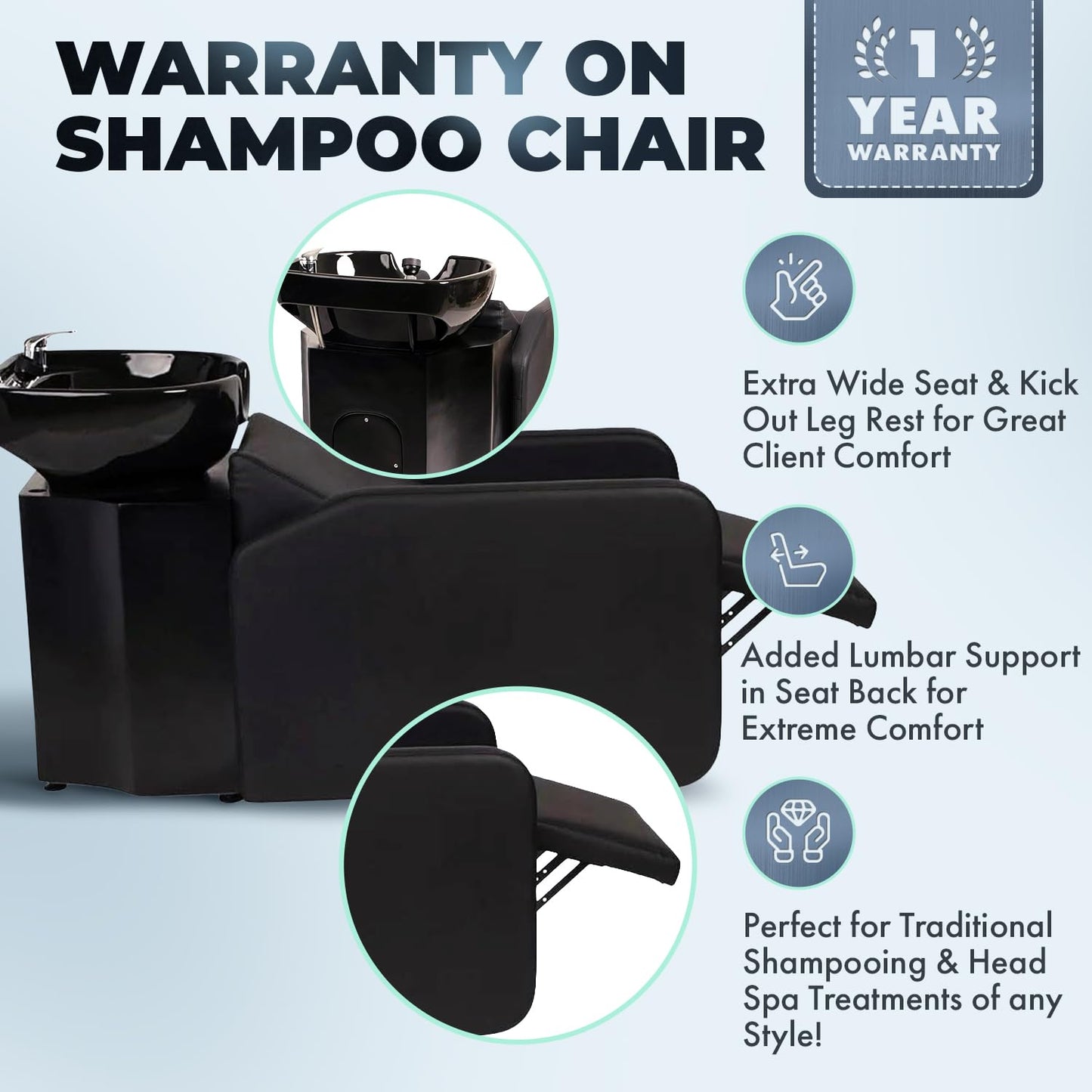 Alice Blue Buy-Rite Eclipse Lay-In Shampoo Backwash Unit for Salons & Barbershops - Porcelain Bowl with Hardware, Extra-Wide Reclining Seat, Kick-Out Leg Rest, Built-In Headrest & Lumbar Support, TS-8088-BLK