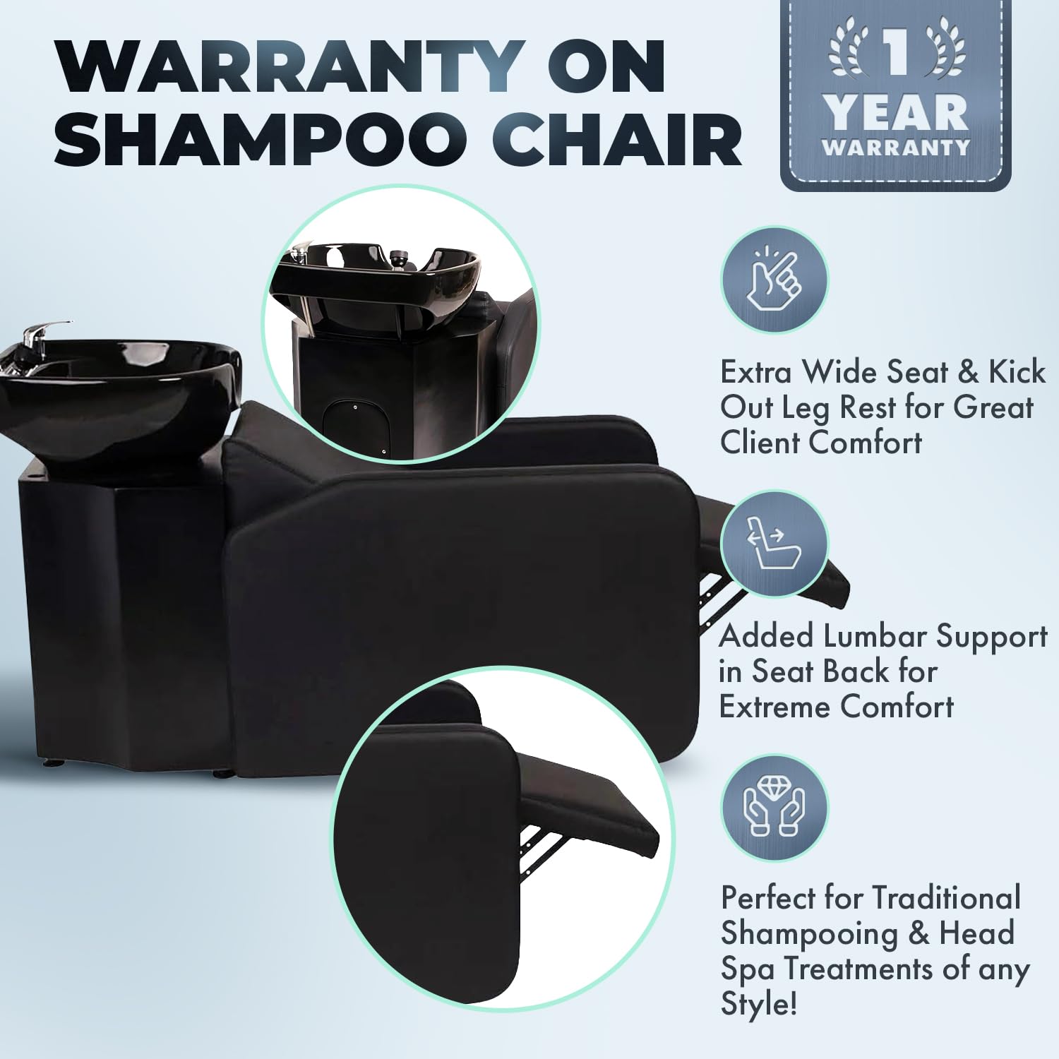 Alice Blue Buy-Rite Eclipse Lay-In Shampoo Backwash Unit for Salons & Barbershops - Porcelain Bowl with Hardware, Extra-Wide Reclining Seat, Kick-Out Leg Rest, Built-In Headrest & Lumbar Support, TS-8088-BLK