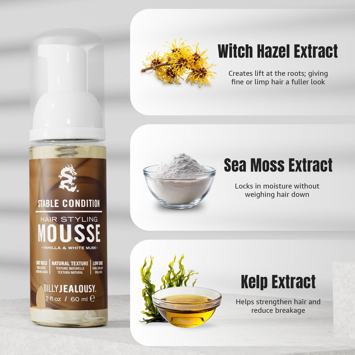 Light Gray Billy Jealousy Stable Condition Hair Styling Mousse for Men – Light Hold for Body & Lift, Frizz Control – Hydrates with Sea Moss & Kelp, Travel Size, Silicone & Residue-Free, Vegan, Vanilla White Musk
