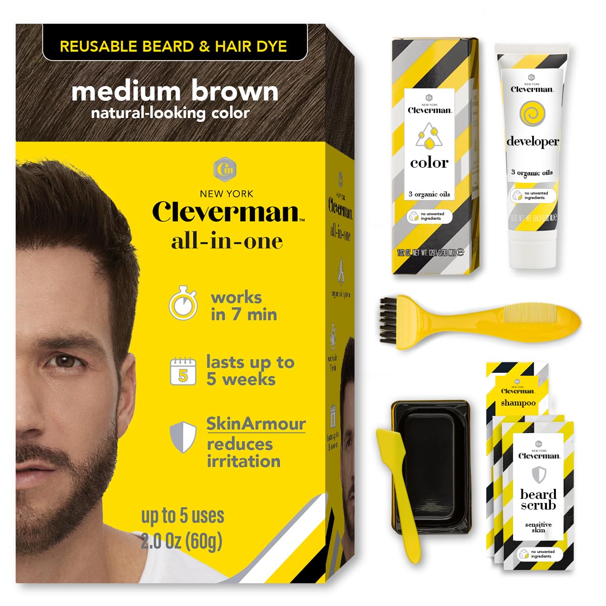 White Smoke Cleverman Hair & Beard Dye for Men, Medium Brown 5.1, Gray Coverage