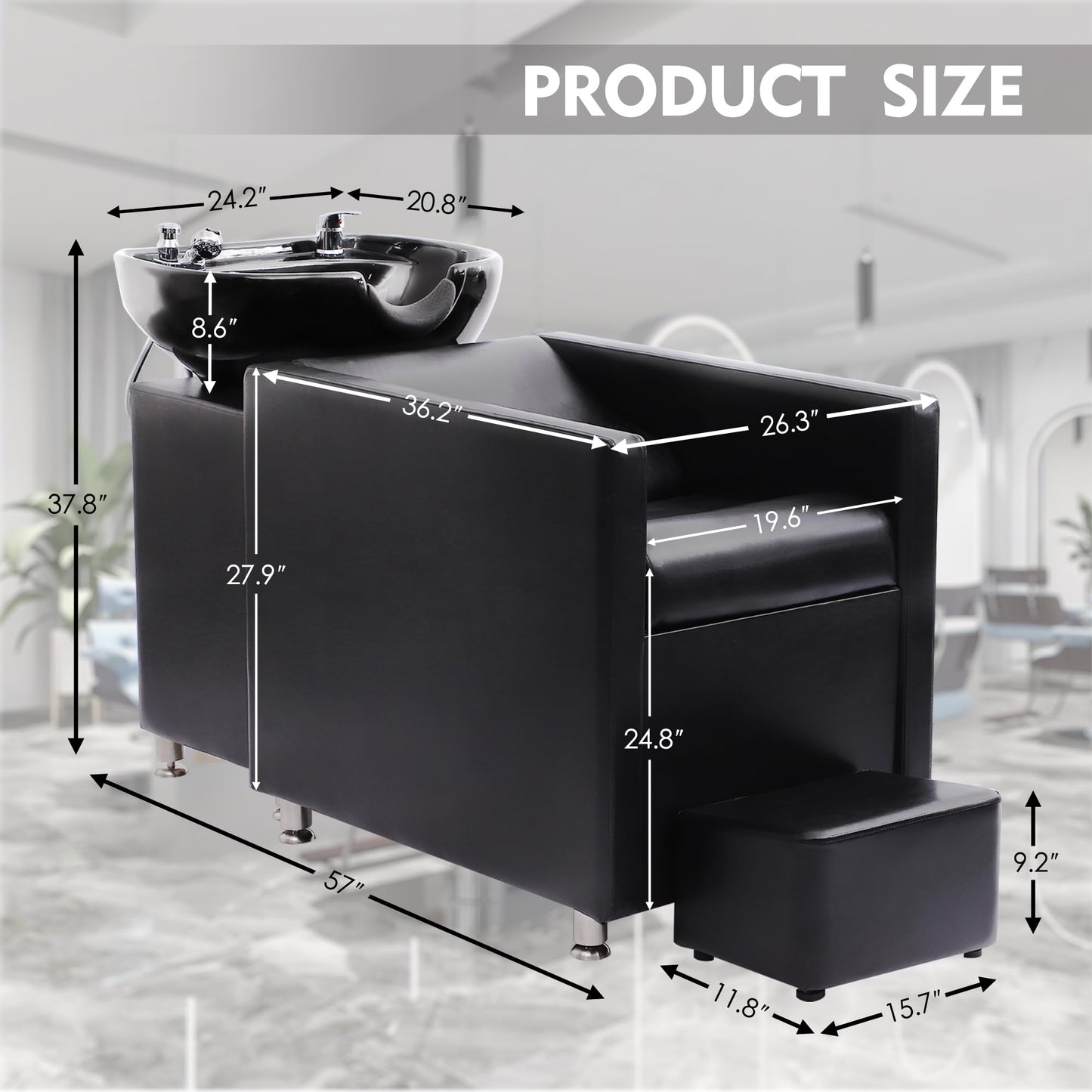 Gray KIGOTY Shampoo Backwash Unit, Shampoo Bowl and Chair Set with Ceramic Sink, Reclining Shampoo Station with Footrest, Backwash Barber Chair for Salon Spa, Black