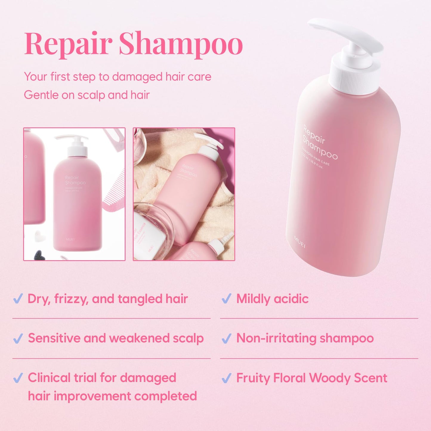 Misty Rose MUEI Repair Hair Shampoo - Korean Hair care with Self Hair Salon Care for Extremely Damaged Hair | Regrowth hair | probarrier ceramide | Protein | Propolis, 16.9 fl.oz