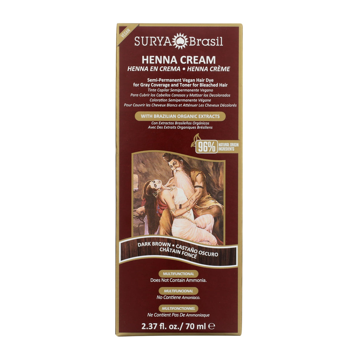 Saddle Brown Surya Brasil Henna Cream Dark Brown - 96% Natural Ingredients, Vegan, Cruelty-Free, Eco-Friendly, Semi-Permanent Hair Color, Deep Hydration & Shine, 2.37 oz